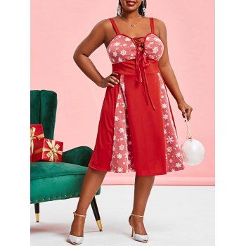 

Snowflake Mesh Panel Lace Up Christmas Plus Size Dress, Red