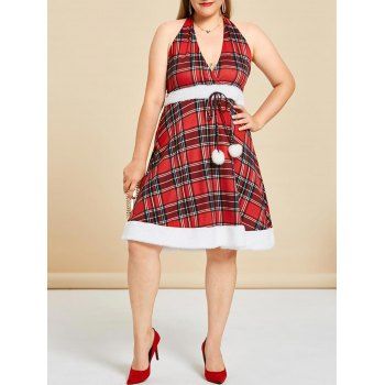 

Plus Size Halter Faux Fur Insert Plaid Dress, Red