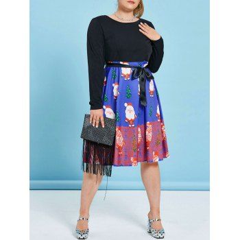 

Plus Size Christmas Santa Claus and Tree Print Flare Dress, Blue