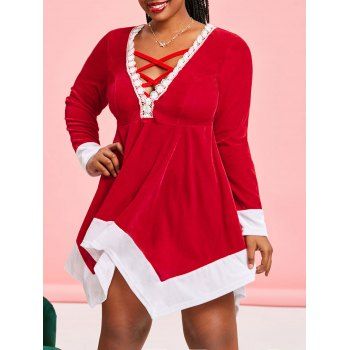 

Plus Size Velvet Christmas Lattice Hanky Hem Casual Dress, Red