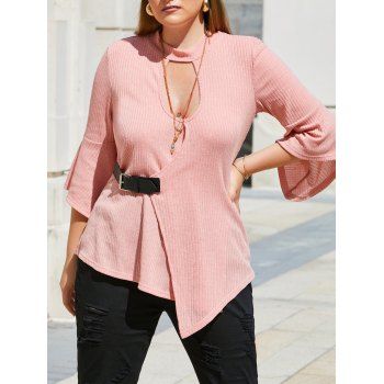 

Ribbed Keyhole Cut Out Buckled Front Plus Size Knitwear, Light pink