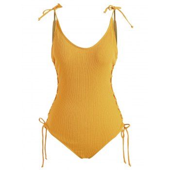 

Tie Shoulder Ribbed Lace Up One-piece Swimsuit, Deep yellow