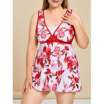 

Plus Size Floral Print Tankini Swimwear, Red