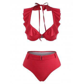 

Halter Ruffle Monowire Belted Bikini Swimwear, Red