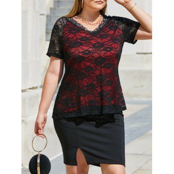 

Plus Size Raglan Sleeve Lace Top, Red