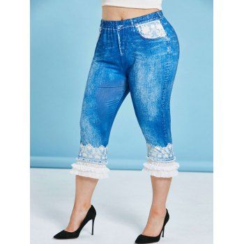 

Lace Ruffled Pleated Trim 3D Print Plus Size Capri Jeggings, Blue