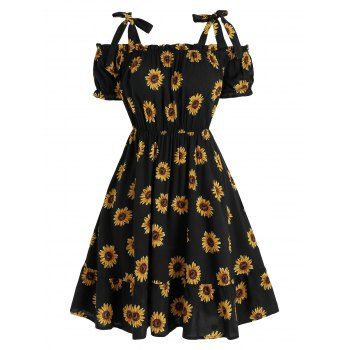 

Summer Vacation Sunflower Print Ruched Self Tie Cold Shoulder Mini Dress, Black