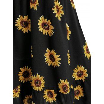 Vacation Sunflower Print Ruched Self Tie Cold Shoulder Mini Dress