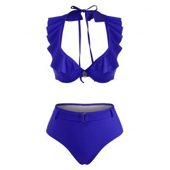 

Halter Ruffle Monowire Belted Bikini Swimwear, Blue