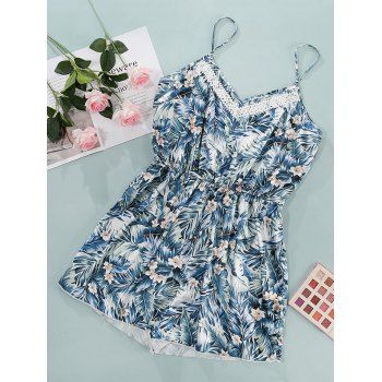 

Plus Size Floral Leaf Print Silky Satin Romper, Blue