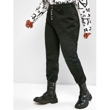 

Plus Size Button Fly Frayed Hem Pencil Jeans, Black
