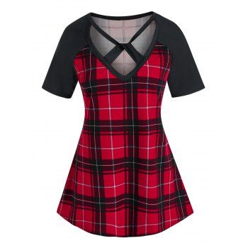 

Plus Size Plaid Twist Criss Cross Short Sleeve Tee, Black