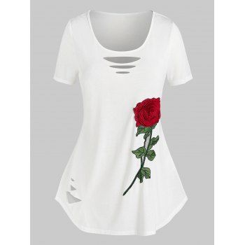 

Plus Size Rose Flower Embroidered Ripped Tunic Tee, White