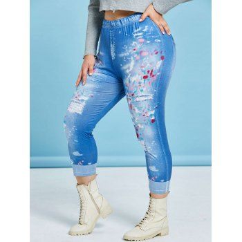 

Plus Size High Rise 3D Ripped Jean Print Cropped Jeggings, Blue