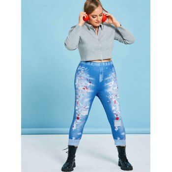Plus Size High Rise 3D Ripped Jean Print Cropped Jeggings