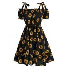 dresslily Summer Vacation Sunflower Print Ruched Self Tie Cold Shoulder Mini Dress