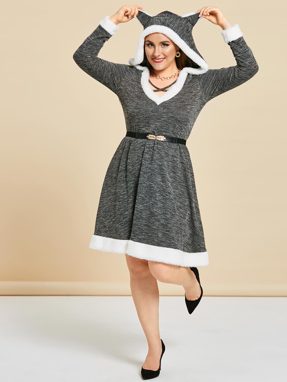 Plus Size Cat Ear Hooded Marled Knit A Line Dress - CARBON GRAY 4X