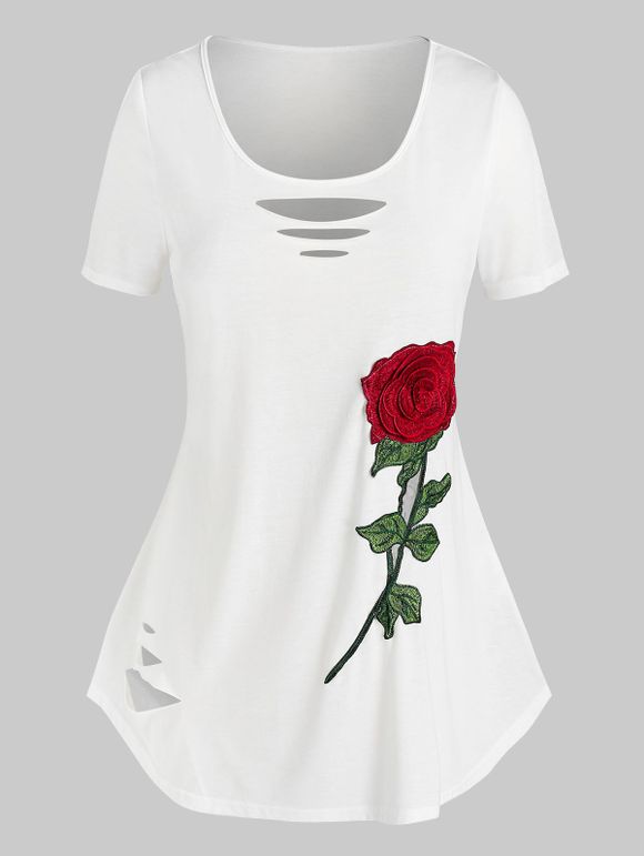 T-shirt Tunique Déchiré à Rose Brodée Grande Taille - Blanc L