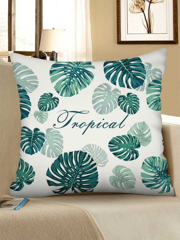 Housse de Coussin Carrée en Lin Motif Feuilles Tropicales - Vert Clair de Mer W18 X L18 INCH