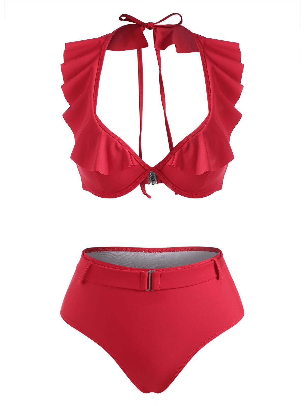 Halter Ruffle Monowire Belted Bikini Swimwear - RED M