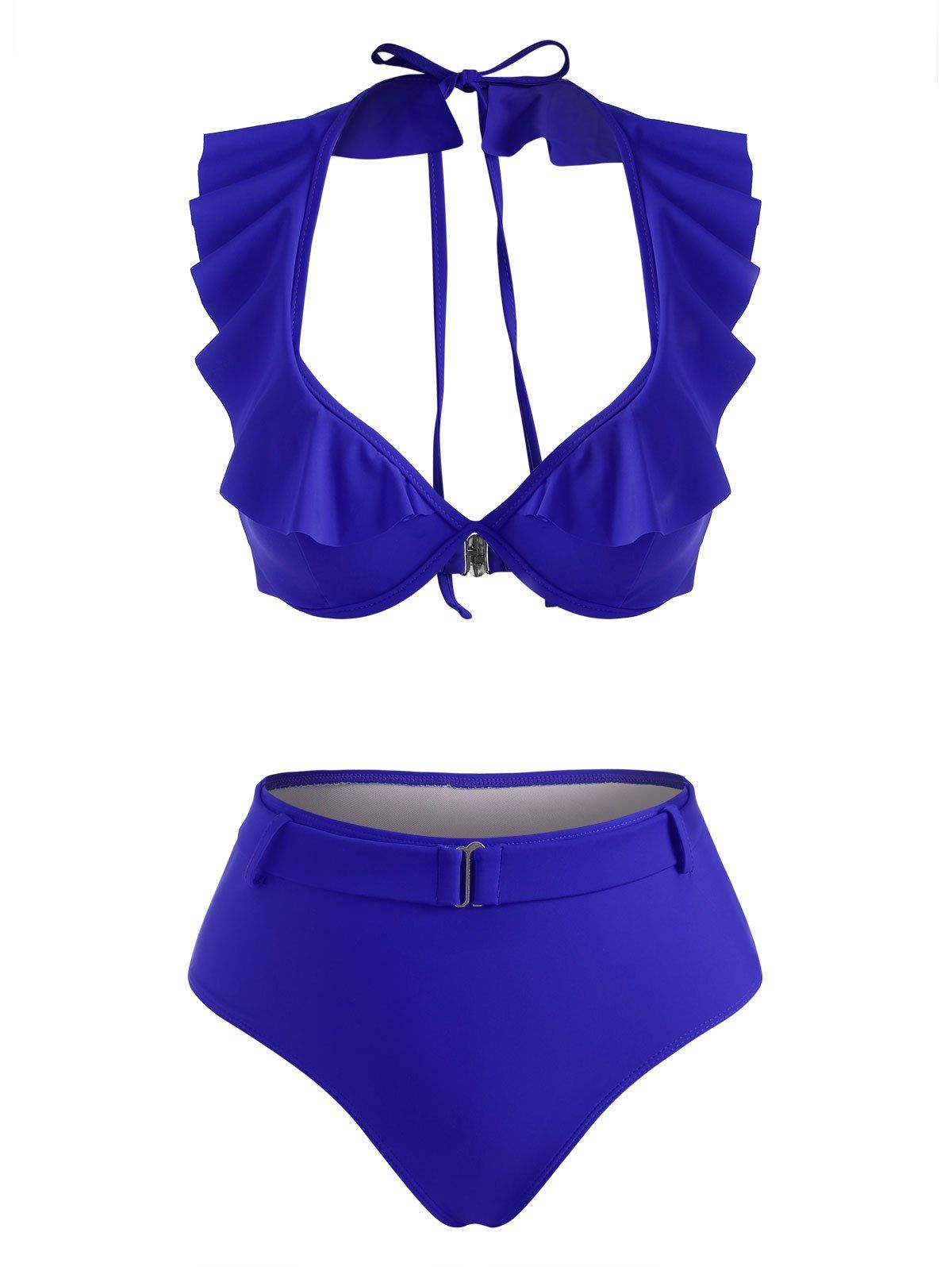 Halter Ruffle Monowire Belted Bikini Swimwear - BLUE S