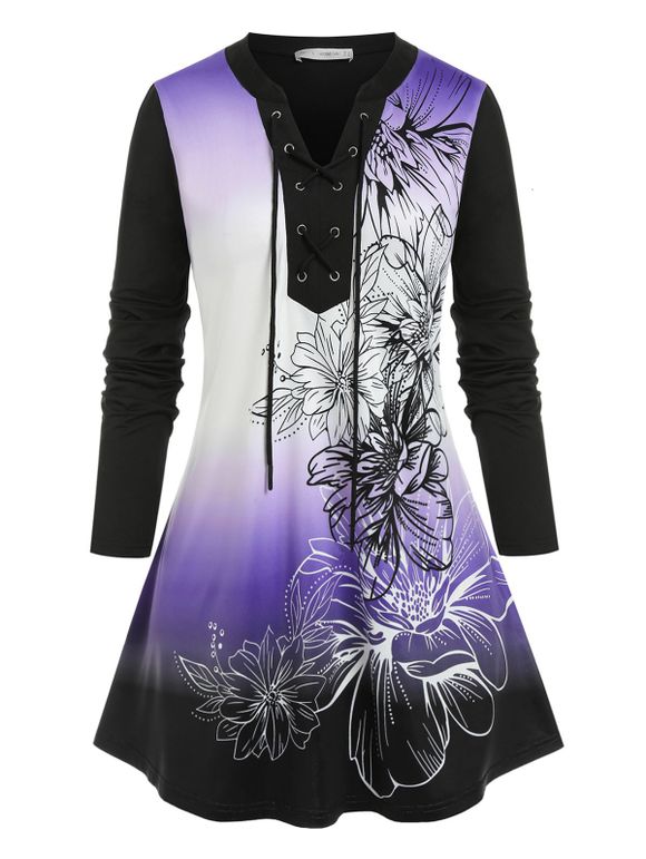 T-shirt Ombré Fleur Manches Longues Grande Taille à Lacets - multicolor 4X