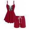 Ensemble de Pyjama à Bretelle en Dentelle Insérée de Grande Taille avec Nœud Papillon - Rouge 5X