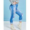 Legging Court Déchiré Imprimé 3D Jean à Coupe Haute de Grande Taille - Bleu 3X