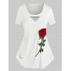 T-shirt Tunique Déchiré à Rose Brodée Grande Taille - Blanc L