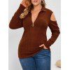 T-shirt Tricoté à Demi-Zip à Epaule Ouverte de Grande Taille - Café profond 5X