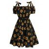 Summer Vacation Sunflower Print Ruched Self Tie Cold Shoulder Mini Dress