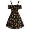 Summer Vacation Sunflower Print Ruched Self Tie Cold Shoulder Mini Dress - BLACK XL