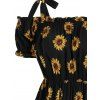 Summer Vacation Sunflower Print Ruched Self Tie Cold Shoulder Mini Dress - BLACK XL