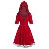 Plus Size Velvet Hooded Hook and Eye Lace Hem Dress - RED 2X