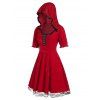 Plus Size Velvet Hooded Hook and Eye Lace Hem Dress - RED 2X