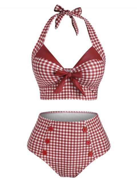 Tummy Control Tankini Swimwear Vintage Plaid Print Swimsuit Corset Style Mock Button Summer Beach Bathing Suit