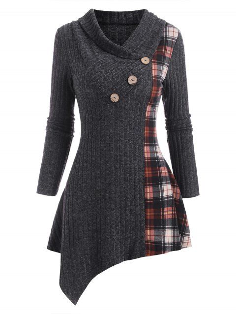 Haut Asymétrique Panneau à Carreaux en Tricot à Col Bénitier