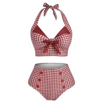 

Tummy Control Tankini Swimwear Vintage Plaid Print Swimsuit Corset Style Mock Button Summer Beach Bathing Suit, Red