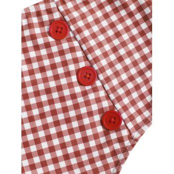 Tummy Control Tankini Swimwear Vintage Plaid Print Swimsuit Corset Style Mock Button Summer Beach Bathing Suit