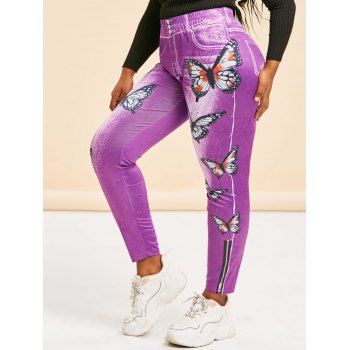 

3D Print Butterfly High Waisted Plus Size Jeggings, Purple