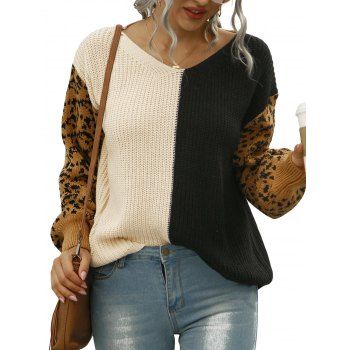 

Leopard Colorblock Drop Shoulder V Neck Sweater, Multicolor