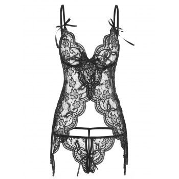

Gartered Back Tie Lace Camisette Set, Black