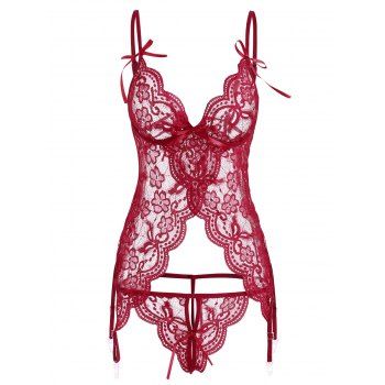 

Gartered Back Tie Lace Camisette Set, Red