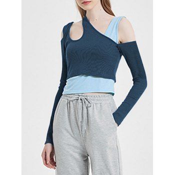 

Ribbed Colorblock Asymmetrical Neck 2 in 1 T Shirt, Blueberry blue