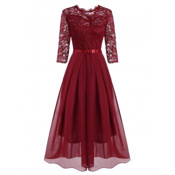 

Pleated Detail Lace and Chiffon Floor Length Dress, Red