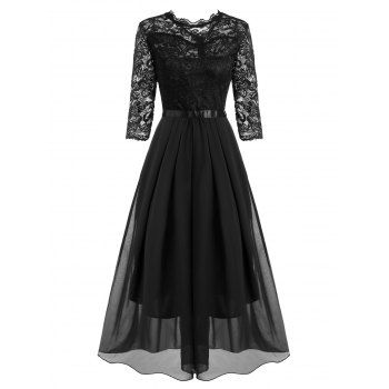 Pleated Detail Lace and Chiffon Floor Length Dress