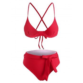 

High Waisted Underwire Belted Bikini Swimwear, Red