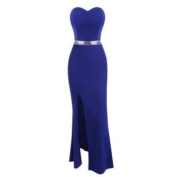 

Strapless High Slit Sequined Waist Mermaid Prom Dress, Blue