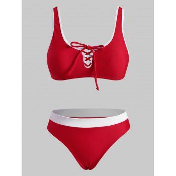 

Contrast Binding Lace Up Colorblock Cheeky Bikini Swimwear, Red