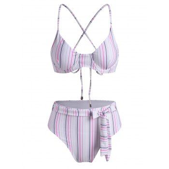 

Underwire Belted Crisscross Back Striped High Cut Bikini Swimwear, Multicolor